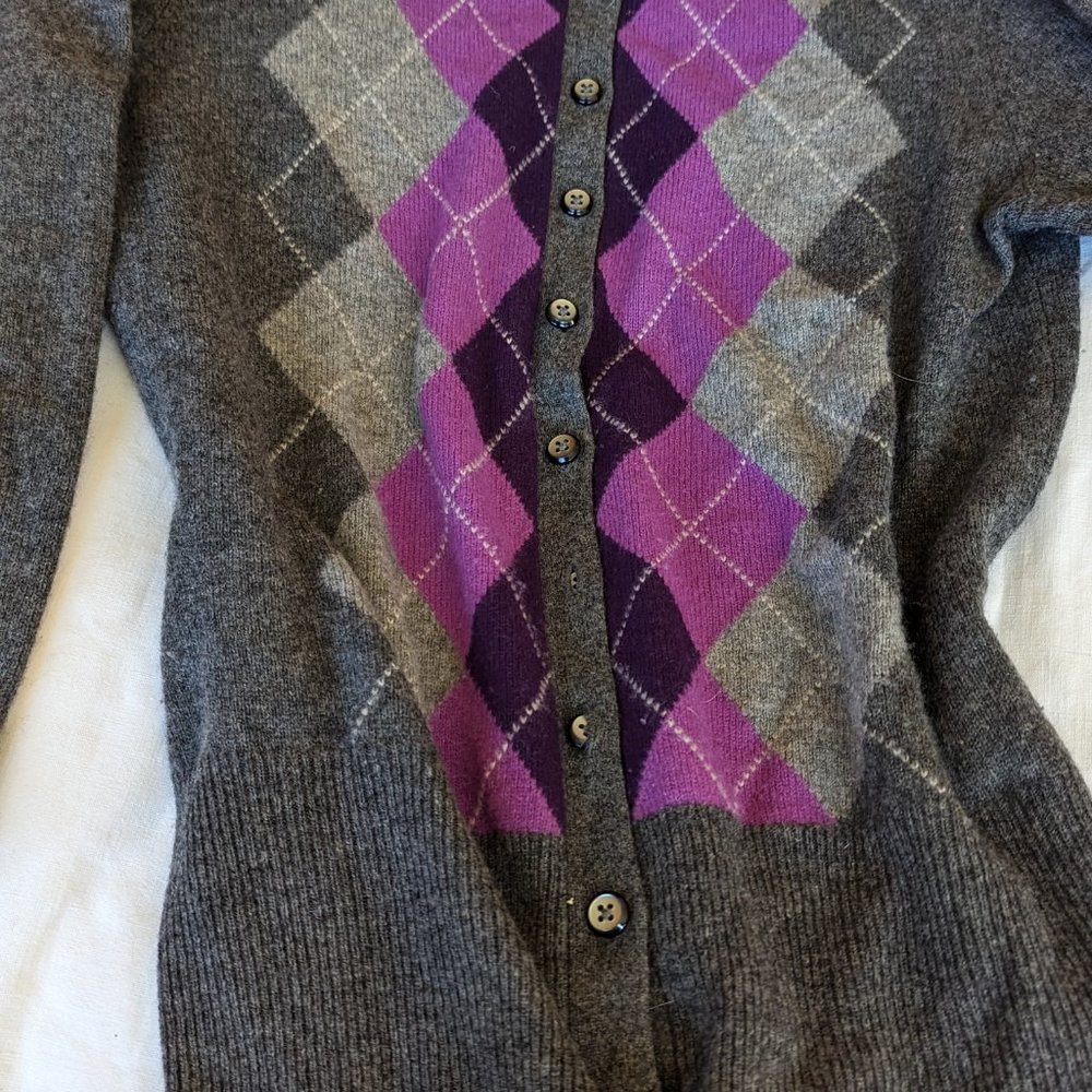 Apt.9 Cashmere Argyle Cardigan. Gray /Purple ,Small